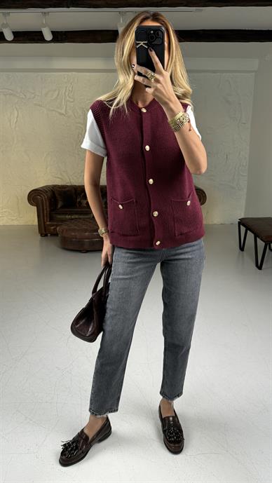 Bisiklet Yaka Cepli Bordo Yelek