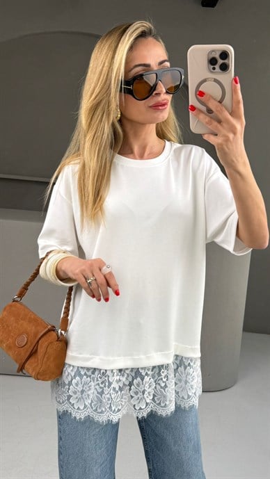 Bisiklet Yaka Dantel Detay Ekru Tshirt