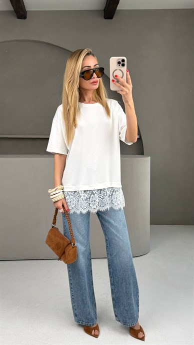 Bisiklet Yaka Dantel Detay Ekru Tshirt