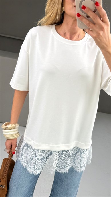 Bisiklet Yaka Dantel Detay Ekru Tshirt