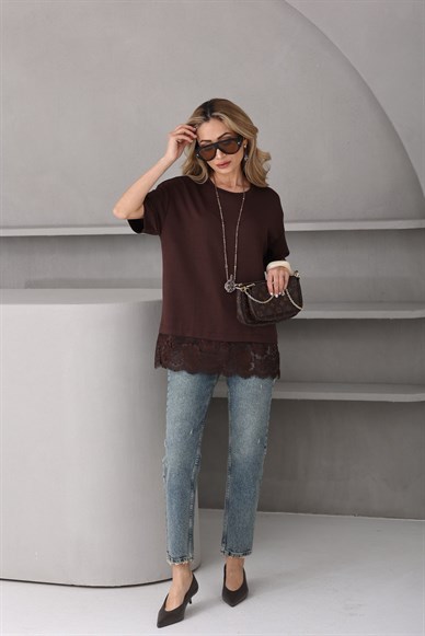 Bisiklet Yaka Dantel Detay Kahve Tshirt