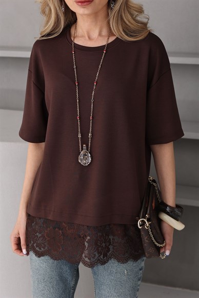 Bisiklet Yaka Dantel Detay Kahve Tshirt
