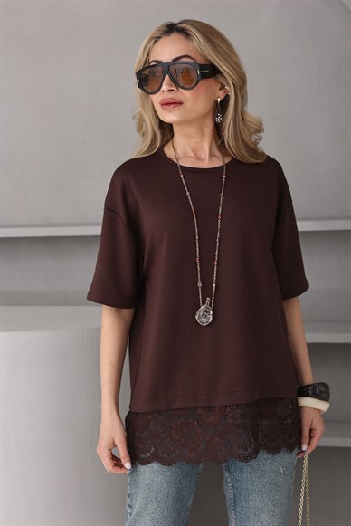 Bisiklet Yaka Dantel Detay Kahve Tshirt