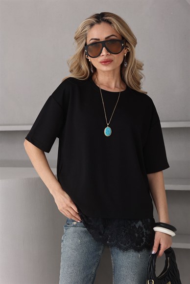 Bisiklet Yaka Dantel Detay Siyah Tshirt