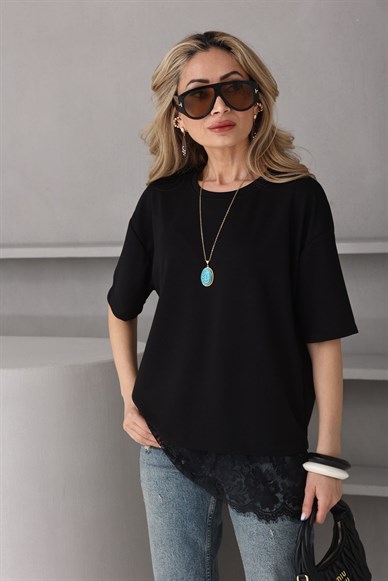 Bisiklet Yaka Dantel Detay Siyah Tshirt