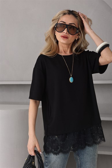 Bisiklet Yaka Dantel Detay Siyah Tshirt