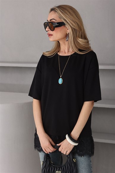 Bisiklet Yaka Dantel Detay Siyah Tshirt