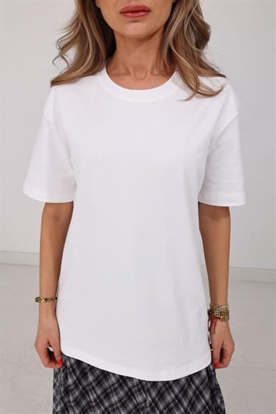 Bisiklet Yaka Ekru Basic Tshirt