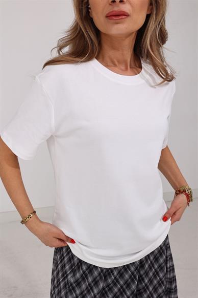 Bisiklet Yaka Ekru Basic Tshirt