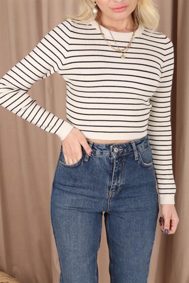 Bisiklet Yaka Ekru Çizgili Crop Kazak