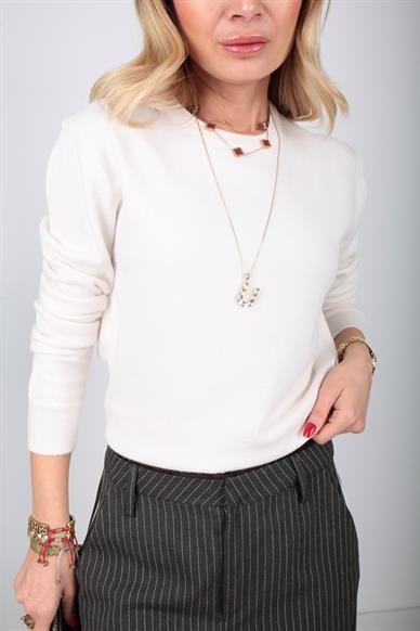 bisiklet Yaka Ekru Kısa Basic Kazak