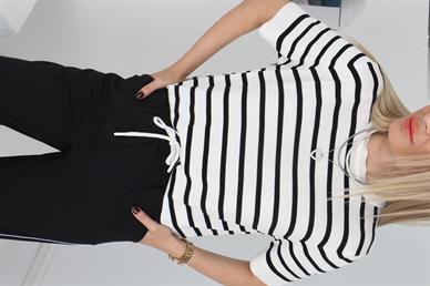 Bisiklet Yaka Ekru Siyah Çizgili Mevsimlik Triko