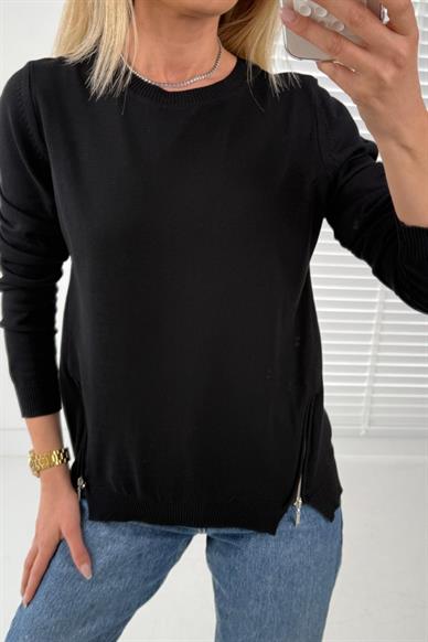 Bisiklet Yaka Fermuar Detay Mevsimlik Siyah Triko Kazak