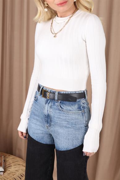 Bisiklet Yaka Fitilli Ekru Crop Kazak