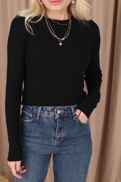 Bisiklet Yaka Fitilli Siyah Örgü Kazak