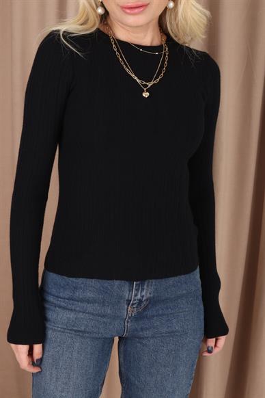 Bisiklet Yaka Fitilli Siyah Örgü Kazak