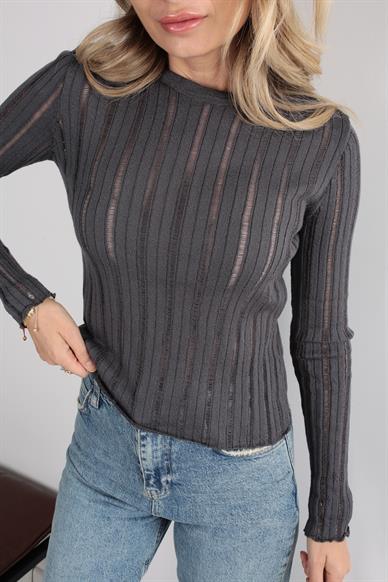 Bisiklet Yaka Füme Transparan Triko Kazak