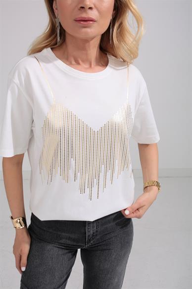Bisiklet Yaka Gold Baskılı Ekru Tshirt