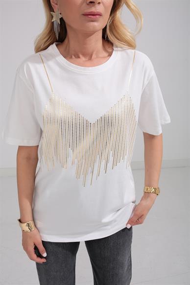 Bisiklet Yaka Gold Baskılı Ekru Tshirt