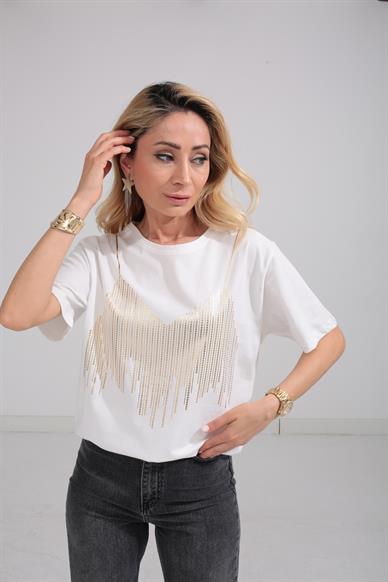 Bisiklet Yaka Gold Baskılı Ekru Tshirt