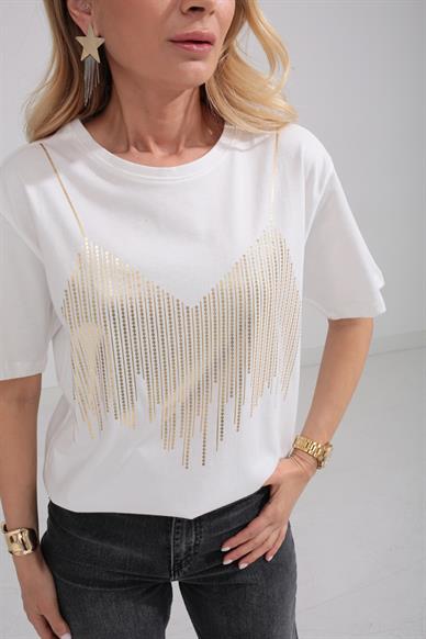 Bisiklet Yaka Gold Baskılı Ekru Tshirt