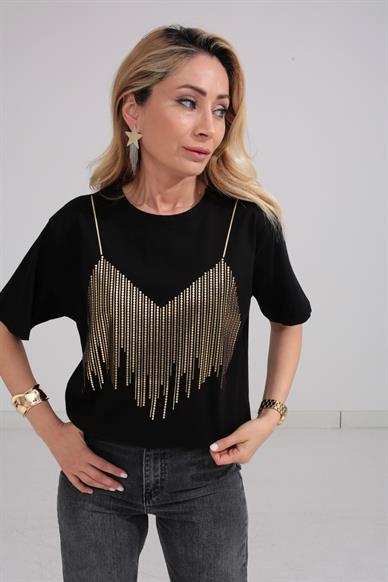 Bisiklet Yaka Gold Baskılı Siyah Tshirt