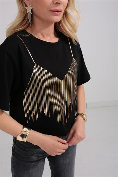 Bisiklet Yaka Gold Baskılı Siyah Tshirt