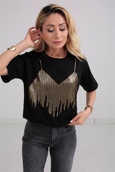 Bisiklet Yaka Gold Baskılı Siyah Tshirt