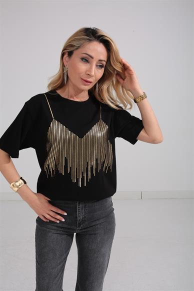 Bisiklet Yaka Gold Baskılı Siyah Tshirt