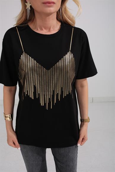 Bisiklet Yaka Gold Baskılı Siyah Tshirt