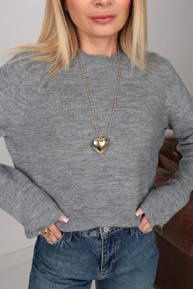 Bisiklet Yaka Gri İnce Triko Kazak