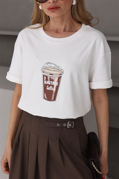 Bisiklet Yaka Kahve Baskılı Tshirt