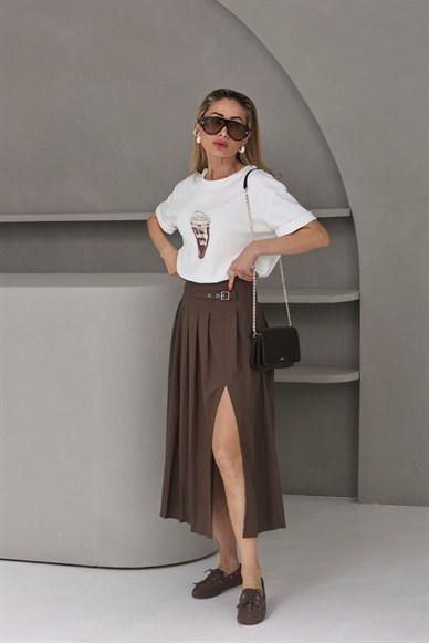 Bisiklet Yaka Kahve Baskılı Tshirt