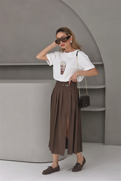 Bisiklet Yaka Kahve Baskılı Tshirt