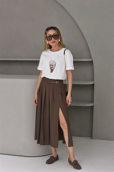 Bisiklet Yaka Kahve Baskılı Tshirt