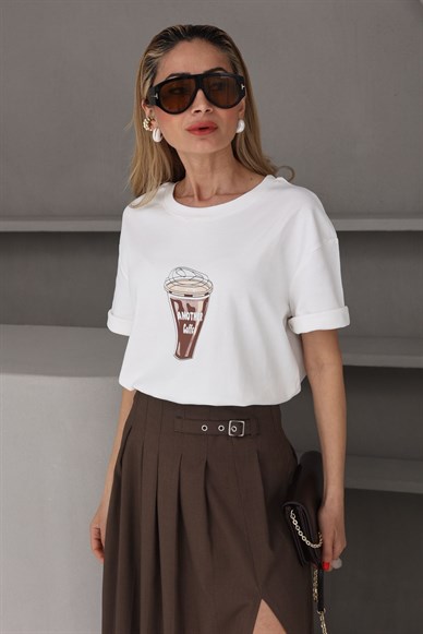 Bisiklet Yaka Kahve Baskılı Tshirt