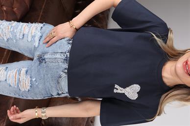 Bisiklet Yaka Kalp Taş Baskılı Lacivert Basic Tshirt