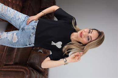 Bisiklet Yaka Kalp Taş Baskılı Siyah Basic Tshirt