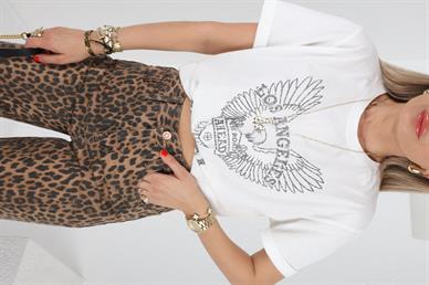 Bisiklet Yaka Kartal Baskılı Ekru Tshirt