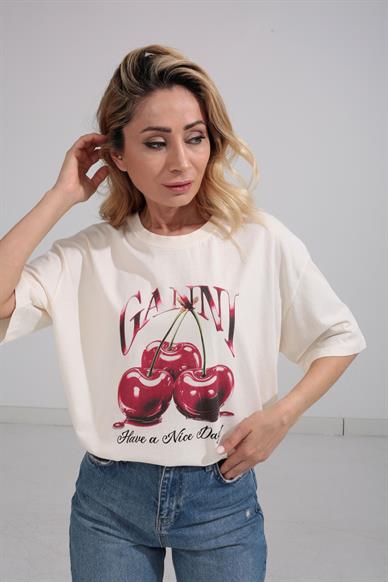 Bisiklet Yaka Kiraz Baskılı  Oversize Tshirt