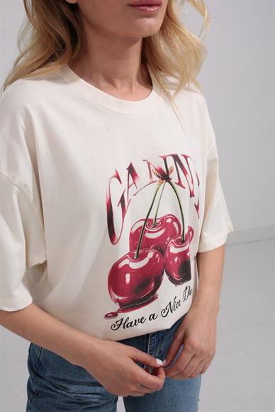 Bisiklet Yaka Kiraz Baskılı  Oversize Tshirt