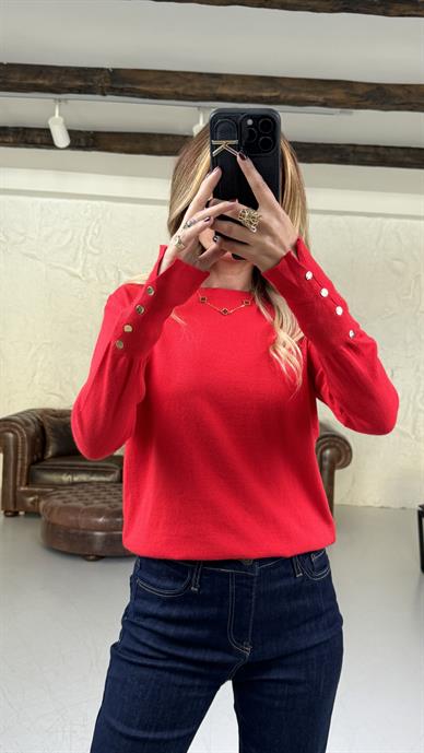 Bisiklet Yaka Kırmızı Düğmeli İnce Hırka