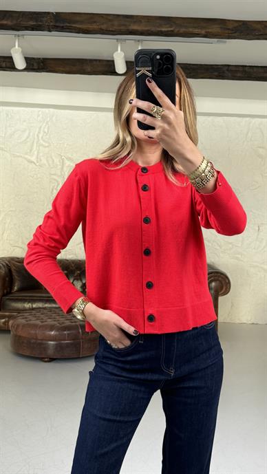 Bisiklet Yaka Kırmızı Düğmeli İnce Hırka