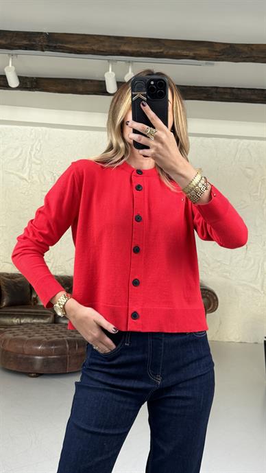 Bisiklet Yaka Kırmızı Düğmeli İnce Hırka