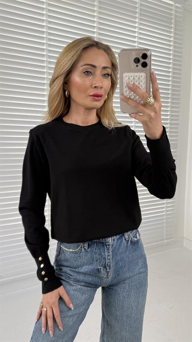 Bisiklet Yaka Kolu Droplu Siyah Kazak