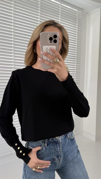 Bisiklet Yaka Kolu Droplu Siyah Kazak