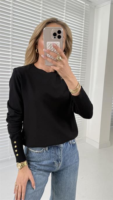 Bisiklet Yaka Kolu Droplu Siyah Kazak