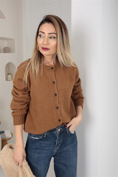 Bisiklet Yaka Küçük Düğmeli Camel Hırka