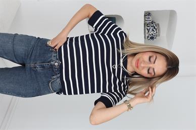 Bisiklet Yaka Laci Beyaz Çizgili Mevsimlik Triko