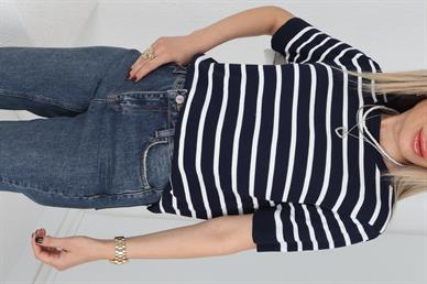 Bisiklet Yaka Laci Beyaz Çizgili Mevsimlik Triko